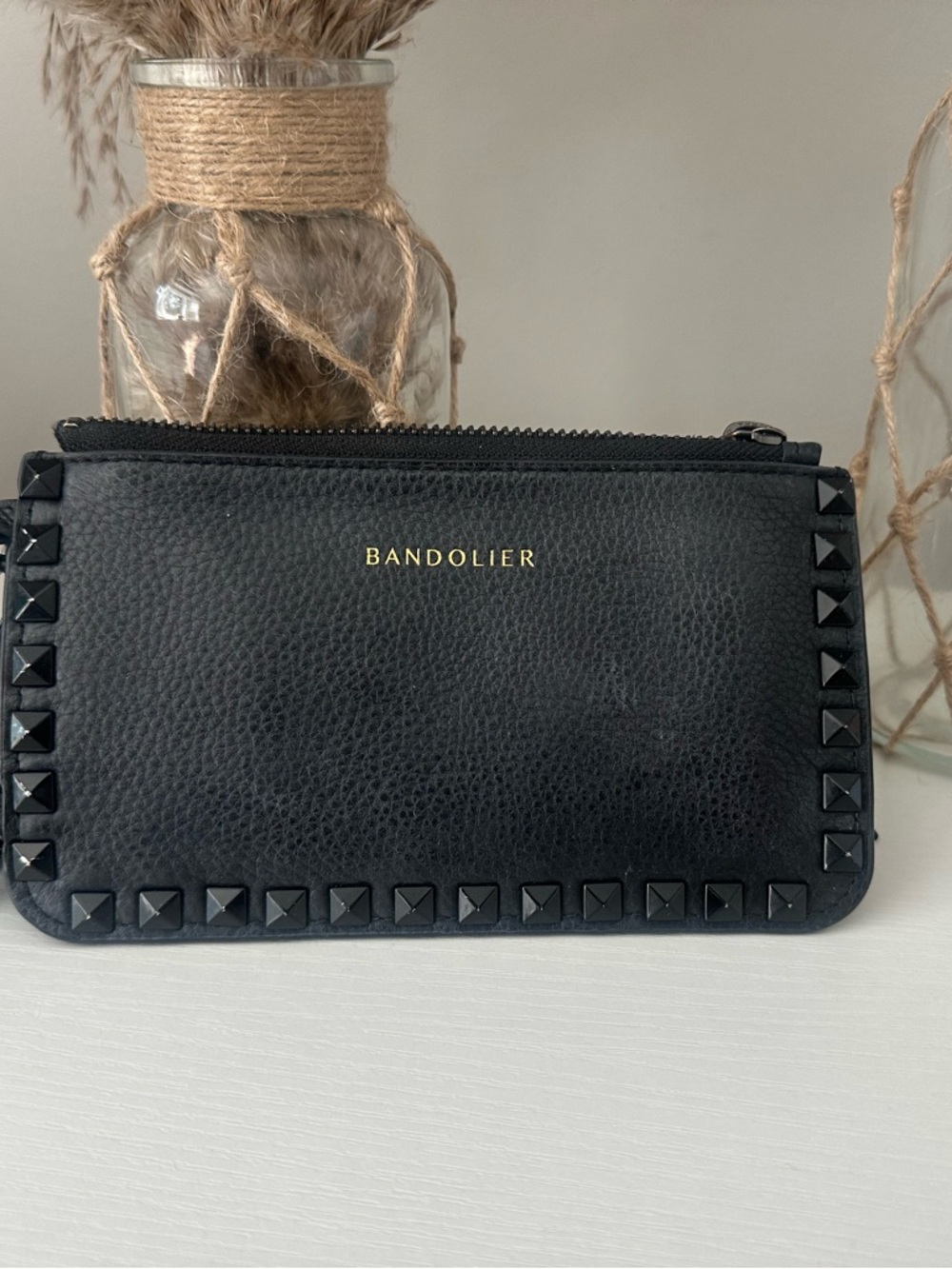 Bandolier Black Leather Zip Wristlet/Cross body with Pyramid Studs